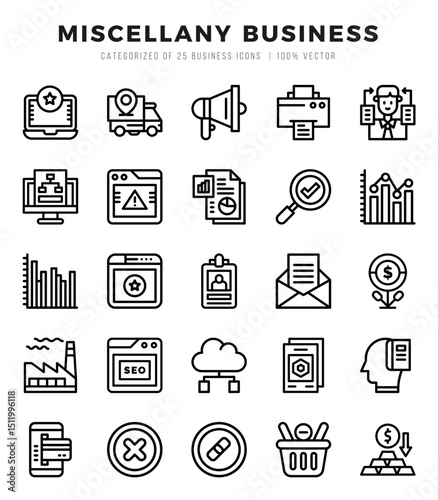 Collection of Miscellany Business 25 Lineal Icons Pack.