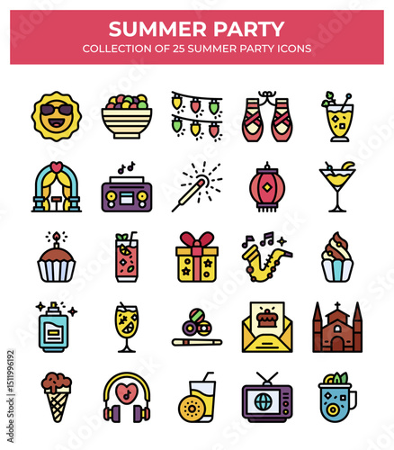 Summer Party Icons. Collection of 25 Colorful Festive Design Elements