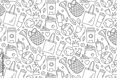 Seamless pattern with eco lifestyle elements in cartoon style. Features zero waste items, reusable packaging, and planet-saving concepts. 