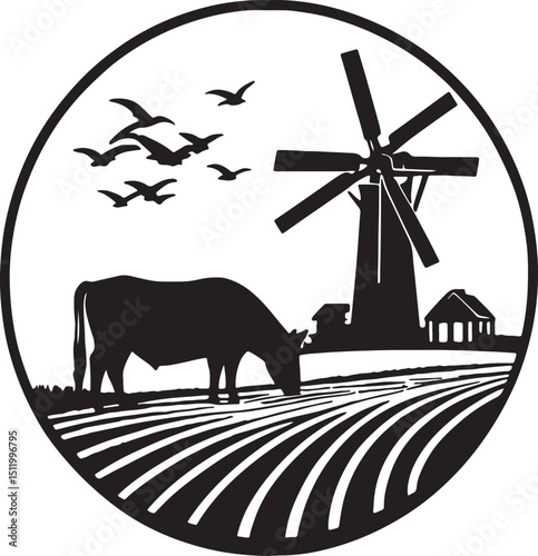 Rural Windmill Farm Landscape with Cattle in Monochrome Style