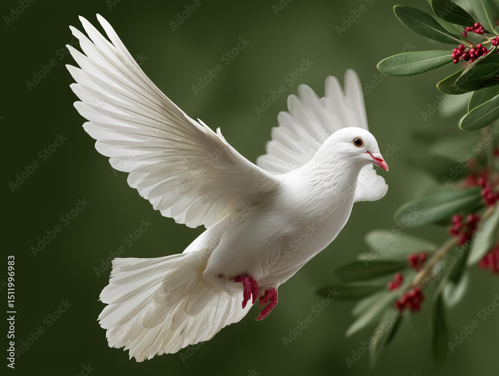Fototapeta premium White wedding dove on green background with leaves