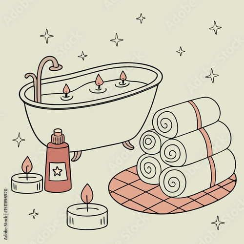 Spa day scene with candles, towels, and skincare