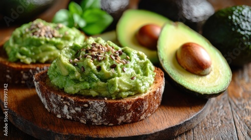 Two slices of toasted bread topped with creamy avocado mash, sprinkled with sesame seeds, served alongside halved avocados on a wooden board.