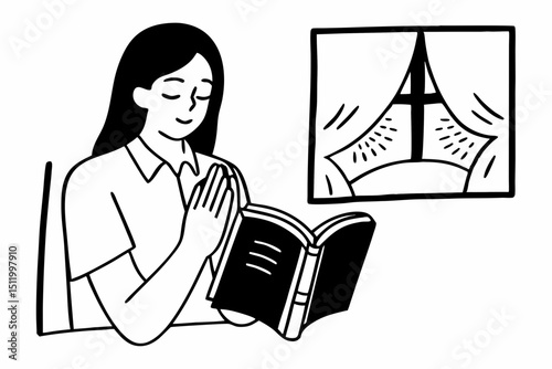Young asian woman wearing white short sleeve shirt and holds holy bible to reading and praying to god about spirituality faith worship isolated
