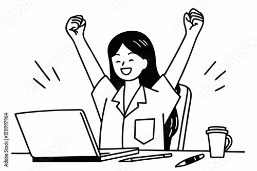 Young asian woman wearing white short sleeve shirt and raising arms while smiling and screaming to celebrate after successfully work isolated