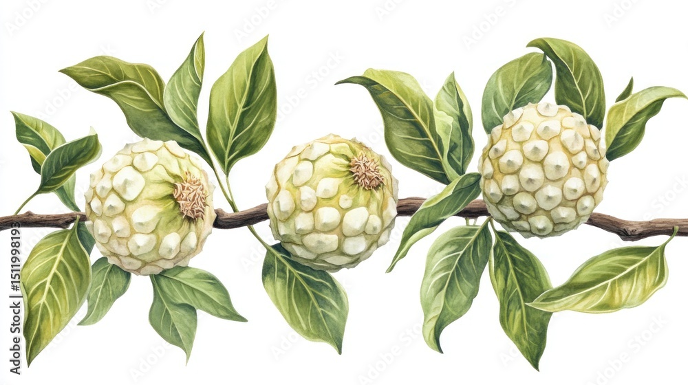 Fototapeta premium Watercolor Painting of Cherimoya Fruits on Branch with Lush Green Leaves