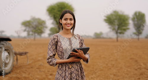 Indian young adult village woman wear casual dress tablet tab gadget do online work look camera farmer field teen age girl lady use device screen posing staring cam outside desi life	 photo