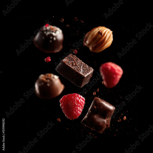Chocolate and raspberry treats in mid-air display