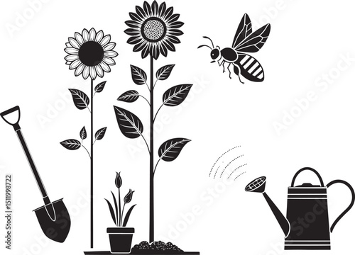 Gardening Vector Illustration with Sunflowers, Bee, Shovel, and Watering Can on Black Background for Horticulture