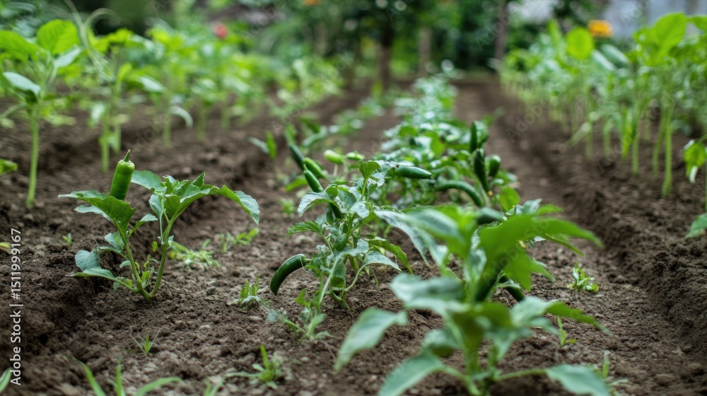 Obraz premium Vibrant Green Rows of Pepper Plants in a Lush Vegetable Garden