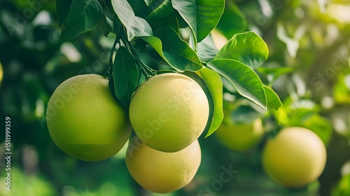 Pomelo tree with a bunch of growing mature Pomelo