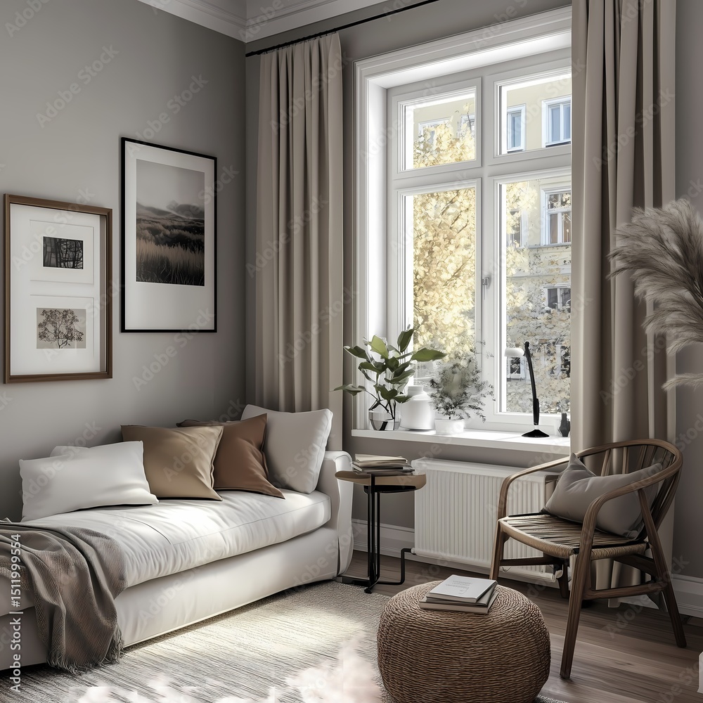 Fototapeta premium Bright Scandinavian office, framed motivational prints, clutter-free, pastel accents