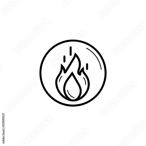Minimalist line icon of fire in circular badge design  