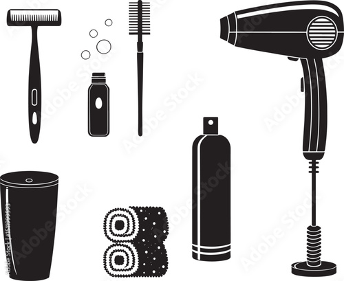Silhouette Bathroom Accessories Vector Illustration Personal Care and Hygiene Items for Bathrooms and Toiletries