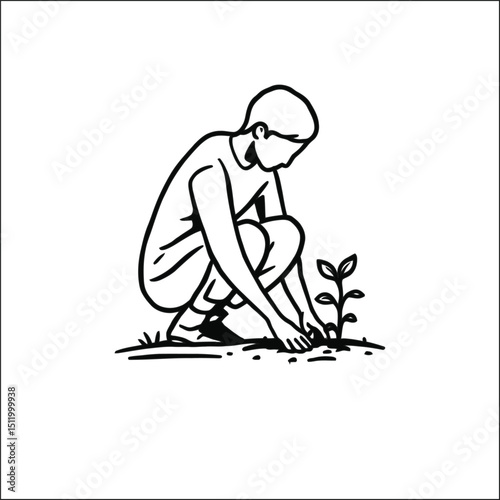 Person Planting a Young Sapling, Representing Growth, Sustainability, and Environmental Care in a Minimalist Monochrome Vector Illustration