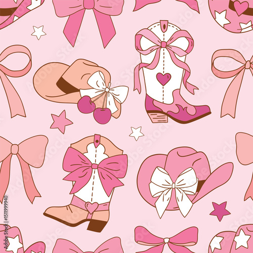 Seamless vector pattern with western cowgirl boots and bows. Hand drawn girly rodeo background. EPS 10 vector file. Perfect for textile, wallpaper or nursery print design.