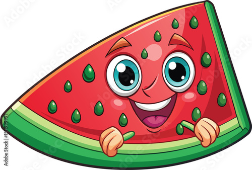 Retro Cartoon Watermelon Slice Vector – Vintage Style, Waving, Walking, Smiling, Pastel Colors