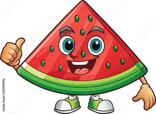 Retro Cartoon Watermelon Slice Vector – Vintage Style, Waving, Walking, Smiling, Pastel Colors