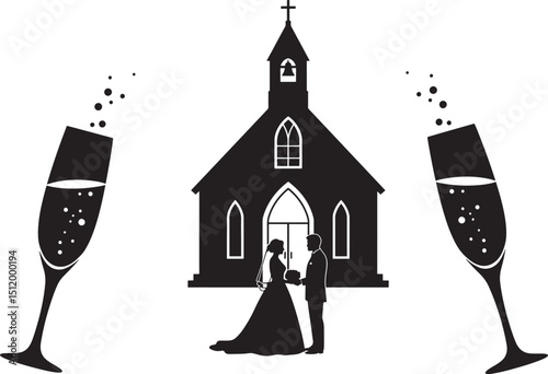 Silhouette Illustration of Nuptial Ceremony at Church with Champagne Toast on Black Backdrop, Vector Graphic