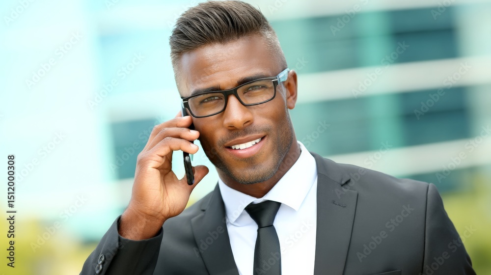 Confident businessman in a suit talking on his mobile phone outdoors Confident businessman in a suit talking on his mobile phone outdoors