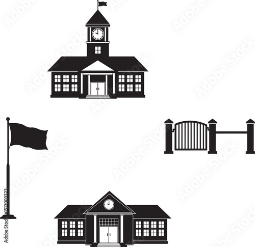 Silhouette Illustration of School Buildings, Flag, and Gate on Black Background for Education and Institutional Designs