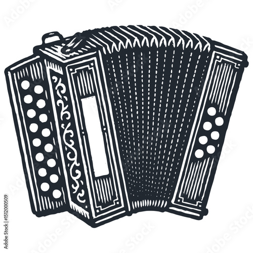 Vintage engraving style vector illustration of a classic accordion musical instrument. Detailed with bellows and ornamentation. Folk music icon. Monochrome design.