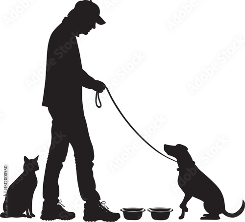 Silhouette of a Man Training a Dog with a Cat Nearby, Vector Illustration of Pet Care and Companionship