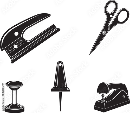Silhouette Office Supplies Vector Illustration Stationery and Desk Items for Workplace and School Designs
