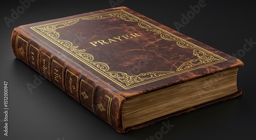 Antique prayer book, leather-bound, dark background photo