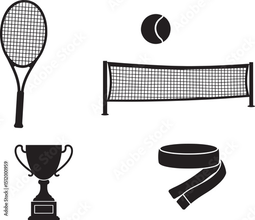 Silhouette Sports Equipment Vector Illustration Black Background Tennis and Hockey Design Elements for Creative Athletic Projects