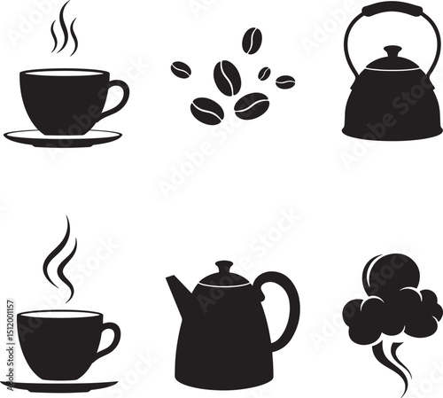Silhouette Style Coffee and Tea Illustration Set Cups Beans Kettle Vector Design Elements for Projects