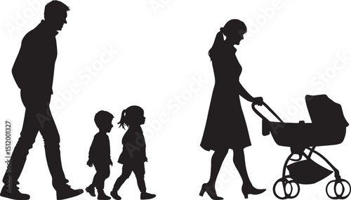 Silhouette Style Family Walking Together with Stroller on Black Background Vector Illustration