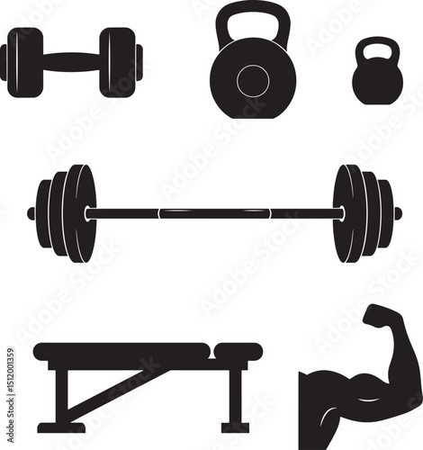 Silhouette Style Fitness Equipment Vector Illustration on Black Background for Gyms and Personal Training