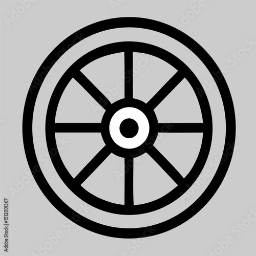 Car wheel icon vector with solid rim structure and radial pattern, ideal for automobile, transportation, tire, or mechanical-themed design content.