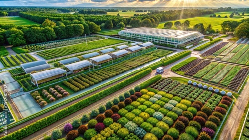 Sustainable Cellular Agriculture Farm with Diverse Crops and Lab-Grown Options in a Lush Greenery Setting