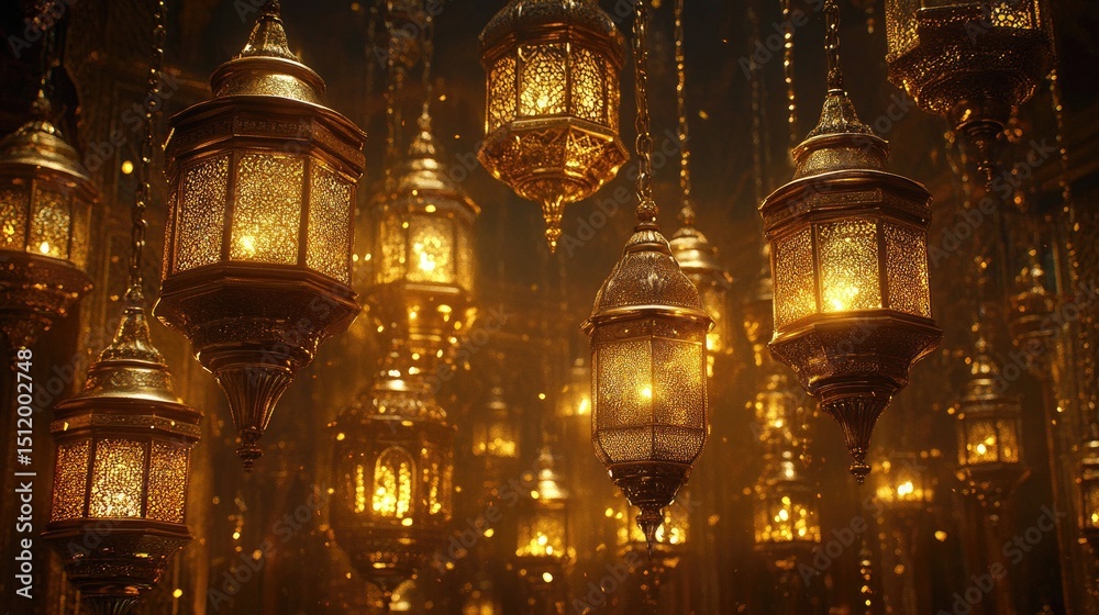 Obraz premium Golden lanterns illuminated, a captivating visual display.