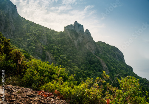 View on rocks at park Portofino, Liguria coast of Mediterranean sea, Italy