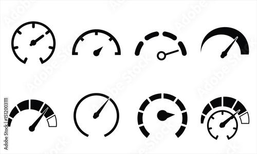 A collection of black speed-related icons including analog and digital speedometers, internet speed indicators, dashboard gauges, risk level meters, credit score dials, and tachometers. Perfect for UI