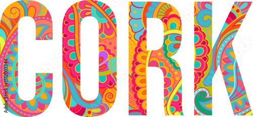 Cork, Ireland creative city name text filled with hand drawn doodle pattern. Use for Festival, travel, merch