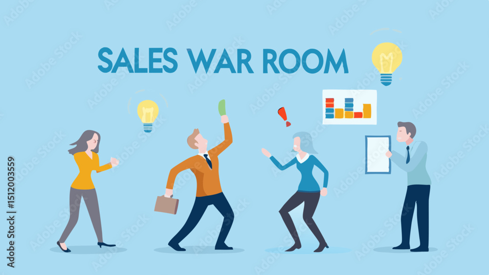 Illustration of business team celebrating success with lightbulbs and chart in a blue background Illustration of business team celebrating success with lightbulbs and chart in a blue background