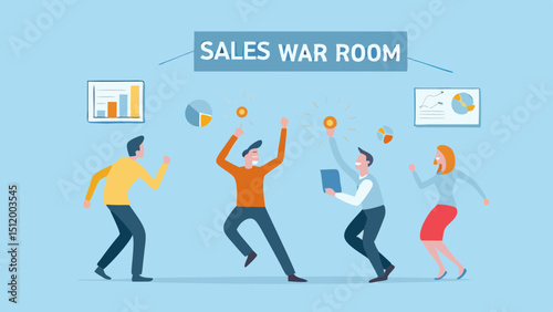 Illustration depicting happy sales team celebrating success in the sales war room environment