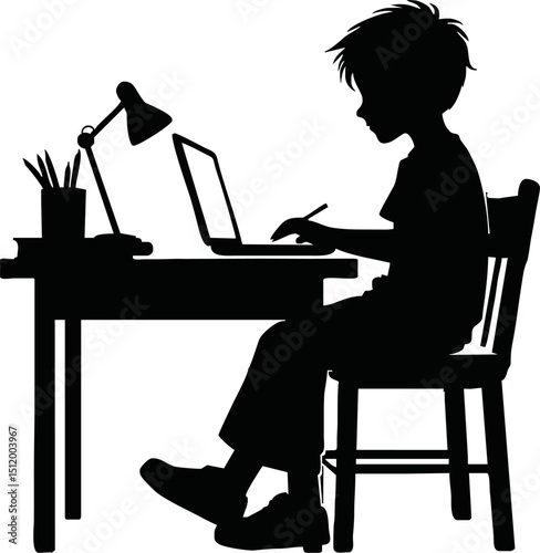 Silhouette of child sitting at desk with laptop – online class vector isolated on a white background