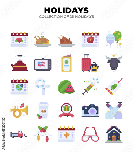 Collection of 25 Holidays. Festive Icons for Celebrations
