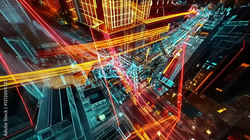 Aerial view of a bustling city intersection at night, illuminated by vibrant lights and traffic trails