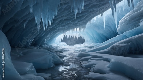 Frozen ice cave formations with icicles.