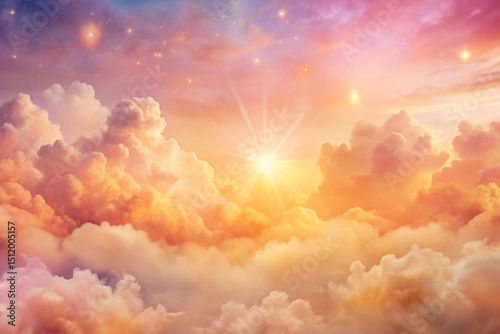 Soft watercolor edges blending like sun rays on clouds; a gentle paper texture overlay