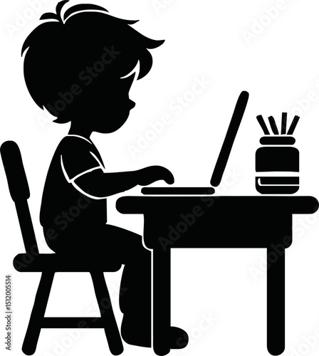 Silhouette of child sitting at desk with laptop – online class vector isolated on a white background