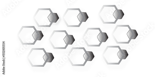 An abstract background composed of numerous light gray hexagons of varying sizes, randomly scattered and subtly overlapping, with soft drop shadows, creating a delicate, floating, 
