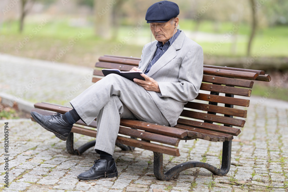 Fototapeta premium Elderly writer taking notes in notebook while sitting on park bench