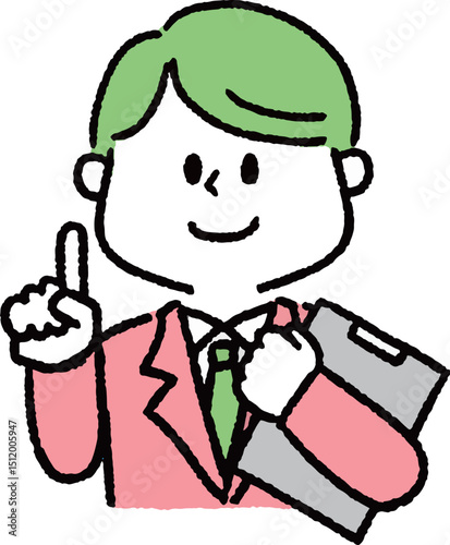 ファイルを持って指差しをしているスーツの男性